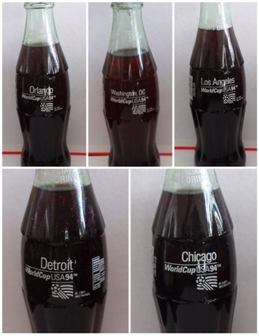 € 37,50 coca cola det van 5 flessen 8z worldcup 1994 plaatsen nr 1993 4689, 4688, 4686, 4644, 4643
